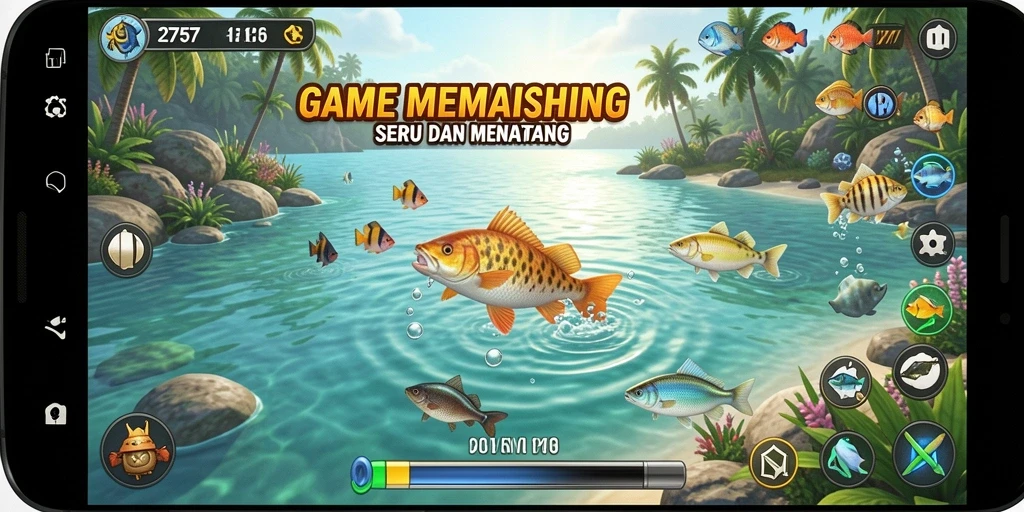 Screenshot gameplay menampilkan aksi seru memancing dengan suasana alam yang indah.