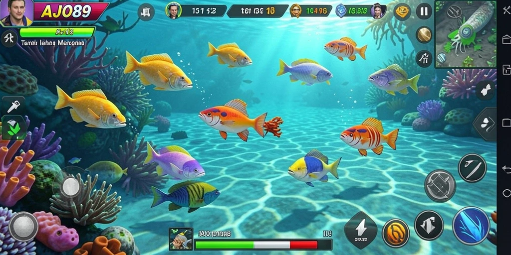 Screenshot utama AJO89 menunjukkan aksi menangkap ikan yang cepat dan seru.