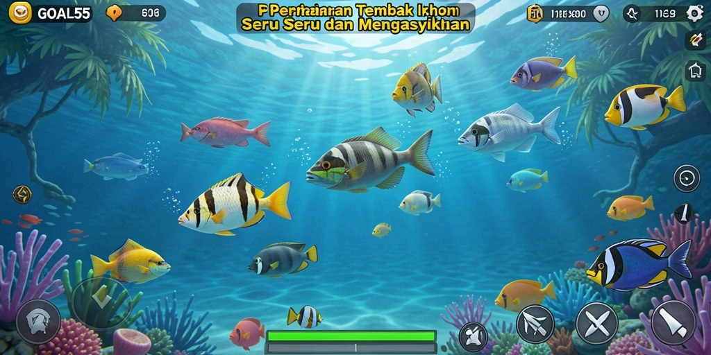 Tangkapan layar gameplay GOAL55 menampilkan aksi seru dalam permainan Tembak Ikan.