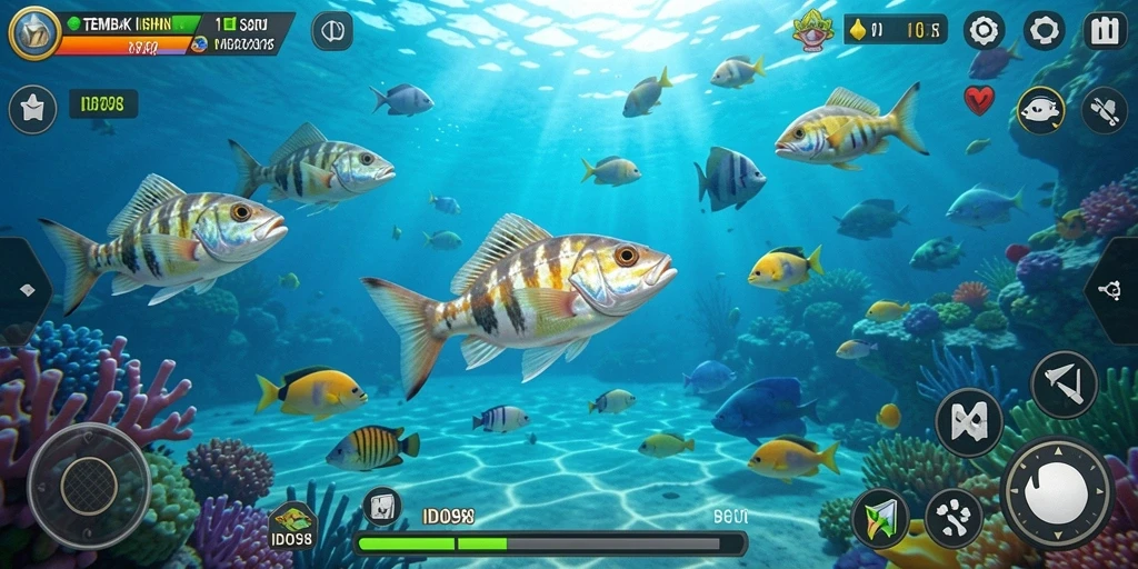 Screenshot gameplay ID098 menampilkan aksi seru menembak ikan.