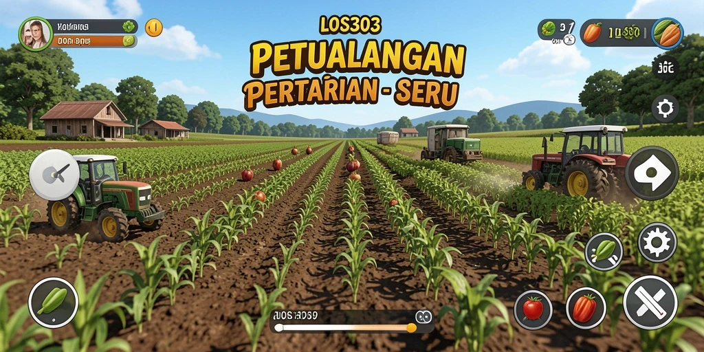 Screenshot utama menunjukkan gameplay seru di ladang pertanian.