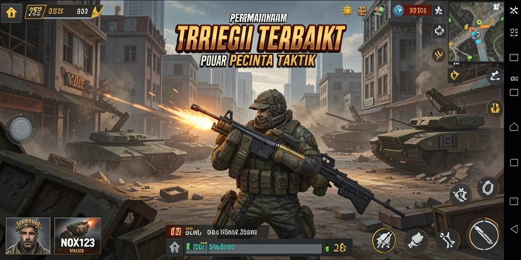 Tangkapan layar gameplay NOX123 menampilkan pertempuran strategi yang intens.