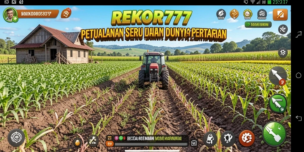 Screenshot utama REKOR777 menampilkan pemain saat memanen hasil pertanian.
