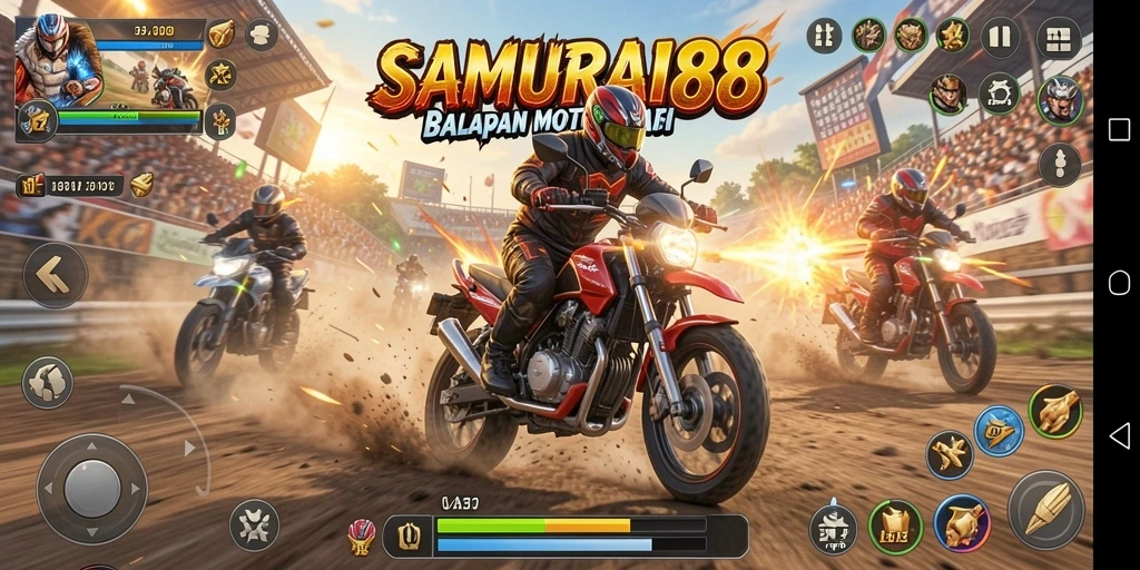 Screenshot gameplay SAMURAI88 menampilkan aksi balapan motor yang mendebarkan.
