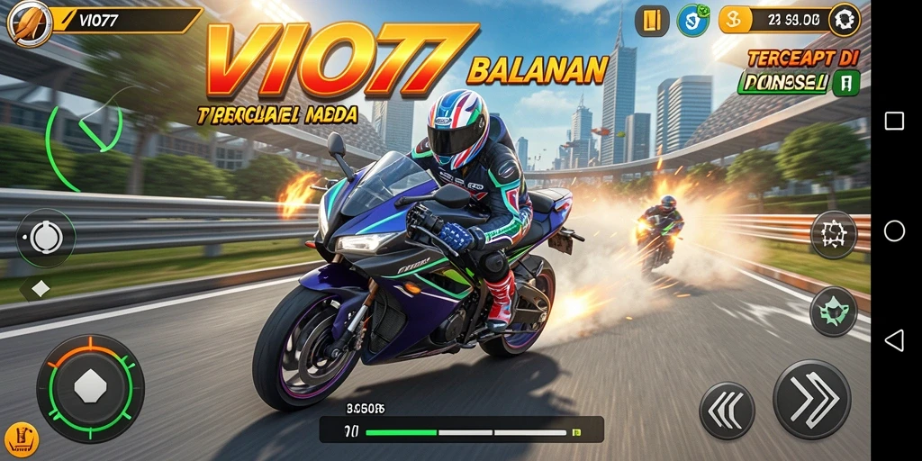 Screenshot gameplay VIO77 menampilkan aksi balapan motor yang mendebarkan.