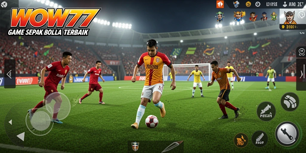 Screenshot WOW77 menampilkan aksi dinamis dalam permainan sepak bola.