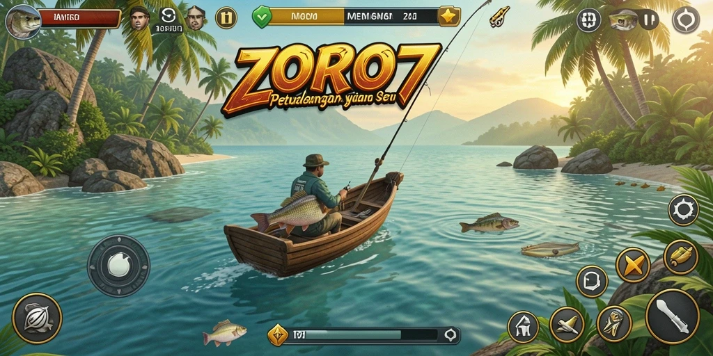 Screenshot gameplay ZORO77 dengan aksi memancing yang seru.
